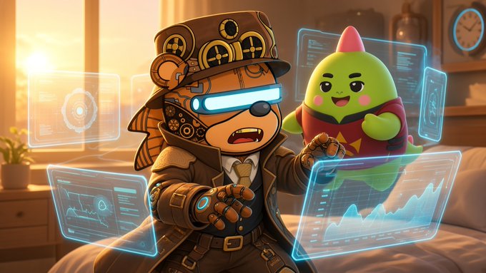 A cartoon-style illustration depicts a steampunk bear character with glowing blue visor goggles interacting with holographic data screens alongside a green plush-like character.