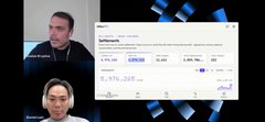 The image shows a video call with two men alongside a screen capture of the Sui Explorer displaying impressive network metrics, including TPS (transactions per second) and a value of "71,979 - 2539 ms," supporting the post's claim about Sui Network's high transaction throughput capabilities.