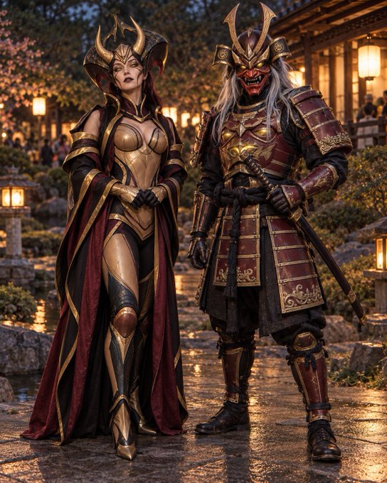 Two figures in elaborate samurai armor costumes stand in a traditional Japanese garden setting at dusk, with the female figure on the left in black and gold and the masked warrior on the right in red and gold.