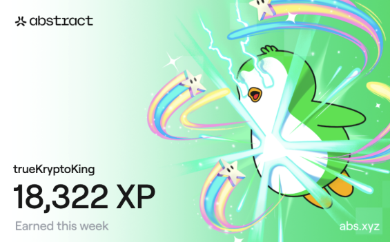 A graphic from Abstract showing username 'trueKryptoKing' with 18,322 XP earned this week, illustrated with a cartoon duck/character surrounded by rainbow swirls and stars.