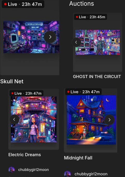 An "Auctions" page displays four live digital art listings—Skull Net, Ghost in the Circuit, Electric Dreams, and Midnight Fall—each running for 23h 47m, showcasing pieces by artist chubbygirl2moon. The image visually corresponds to the post announcing six simultaneous SuperRare auctions, highlighting the artist’s excitement and gratitude for the platform’s support of her work.