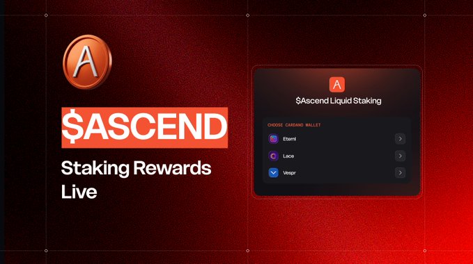 A red-toned promotional graphic announcing '$ASCEND Staking Rewards Live' with the Ascend logo and a screenshot showing a liquid staking interface with options to choose a Cardano wallet (Eternl, Lace, or Vespr).