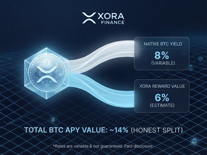 An advertisement for Xora Finance displays a Bitcoin yield breakdown showing 8% Native BTC Yield (Variable) plus 6% Xora Reward Value (Estimate) for a Total BTC APY of approximately 14%, with a disclaimer that rates are variable and not guaranteed.