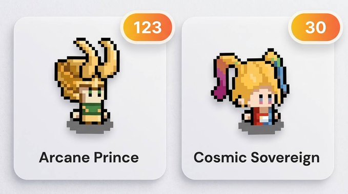 Two pixel art character icons displayed as NFT-like cards: "Arcane Prince" (numbered 123) with blonde spiky hair, and "Cosmic Sovereign" (numbered 30) with blonde hair in pigtails.