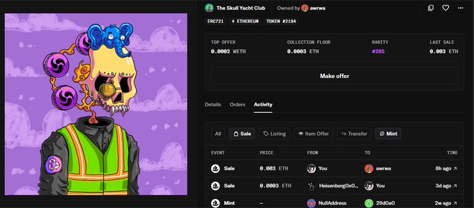 A screenshot of OpenSea shows the "Skull Yacht Club" NFT #2194, owned by "zarwa," with a floor price of 0.0003 ETH but a last sale of 0.003 ETH, illustrating the unexpected 10x markup by a whale despite the collection's low floor value.