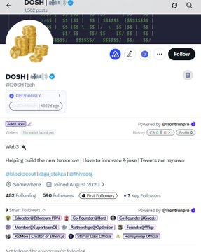 The image shows a Twitter/X profile page for @DOSHTech ($DOSH), featuring their bio "Helping build the new tomorrow || I love to innovate & joke | Tweets are my own," with 482 following, 590 followers, and related accounts like @Ethereum, @coingecko, and @binance. The post relates to the tweet as it highlights DOSH Tech's contributions to a project's GitHub and their presence on the Microsoft Store, suggesting the user is commenting on the project (@GW) needing to do more promotion, while showcasing DOSH Tech's credibility as a legitimate contributor.