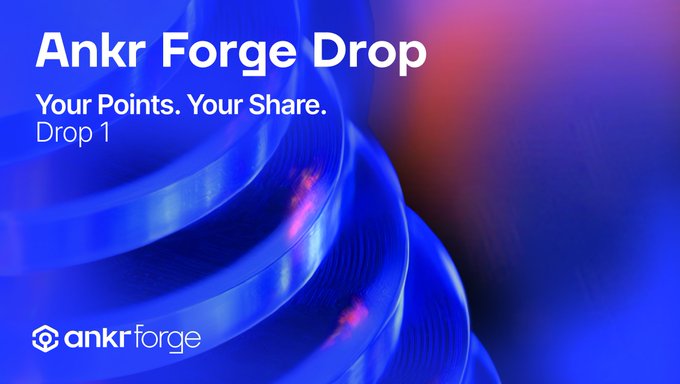 A blue and purple gradient promotional banner for 'Ankr Forge Drop' with the tagline 'Your Points. Your Share. Drop 1'.