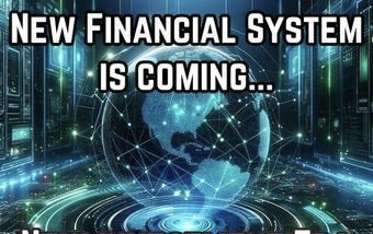A digital graphic of a glowing blue Earth surrounded by server towers displays the text "NEW FINANCIAL SYSTEM IS COMING..." The image visually reinforces the post's three-phase plan to replace fiat currency with blockchain-based public ledgers like XRP, XLM, and XDC, symbolizing a global technological shift toward decentralized finance infrastructure.