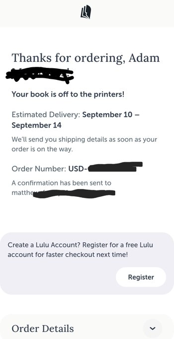 A Lulu order confirmation screen thanks 'Adam' for ordering a book, with an estimated delivery of September 10-14, showing redacted personal details.