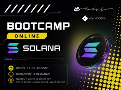 A promotional graphic for a Solana online bootcamp starting August 18, featuring the Solana logo.