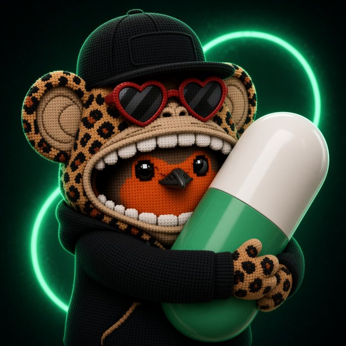 A 3D rendered character wearing a crocheted leopard-print hat that resembles an open-mouthed animal, heart-shaped sunglasses, and a dark hoodie, holding a large green and white pill capsule.