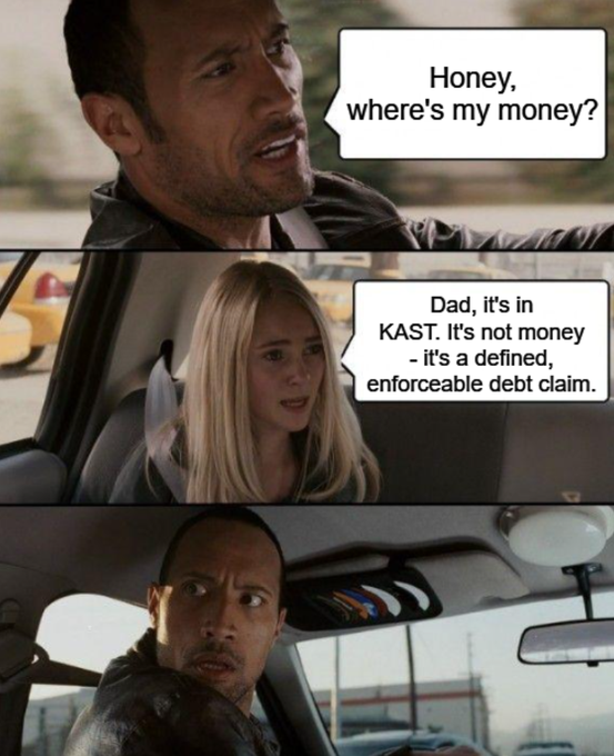 A three-panel meme using scenes from a movie where a man asks 'Honey, where's my money?' and a woman replies 'Dad, it's in KAST. It's not money - it's a defined, enforceable debt claim,' ending with Dwayne Johnson's surprised reaction.