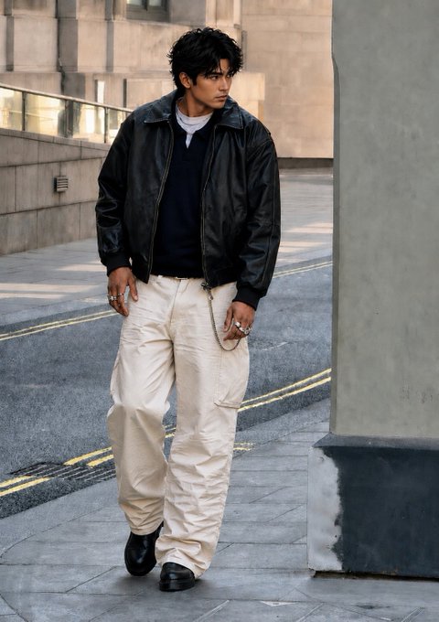 A man with dark wavy hair stands on a city street wearing a black leather jacket, navy sweater, and loose-fitting white cargo pants with a chain accessory.