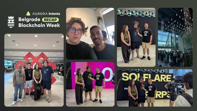 Recap collage from Aurora Intents at Belgrade Blockchain Week featuring photos of attendees, speakers on stage, and event venues.