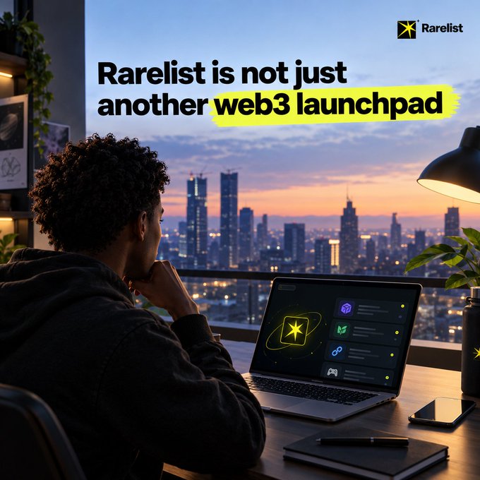A promotional image for 'Rarelist' with the headline 'Rarelist is not just another web3 launchpad', showing a person at a laptop displaying the platform, with a city skyline at sunset in the background.