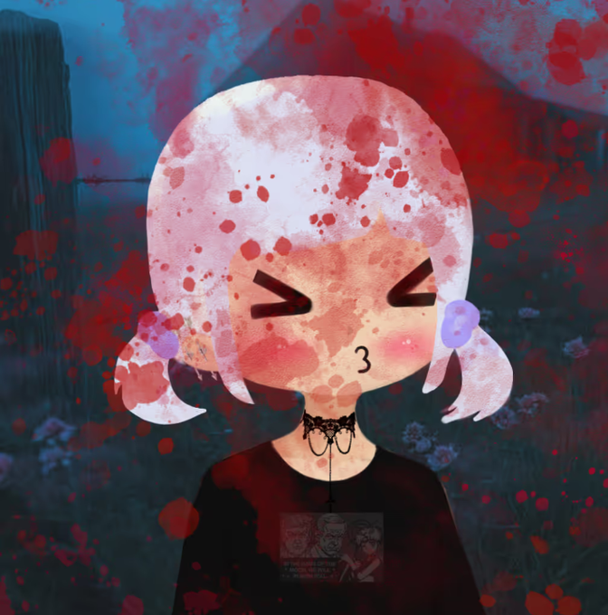 An animated-style illustration of a pink-haired character with pigtails, closed eyes, and purple earrings wearing a black lace choker, set against a dark, splattered red and blue background.