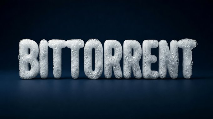The word "BITTORRENT" is rendered in icy, frost-covered 3D letters against a dark blue background, visually reinforcing the post's message about the technology remaining cool, enduring, and built on a strong, resilient foundation as it continues to stand the test of time.