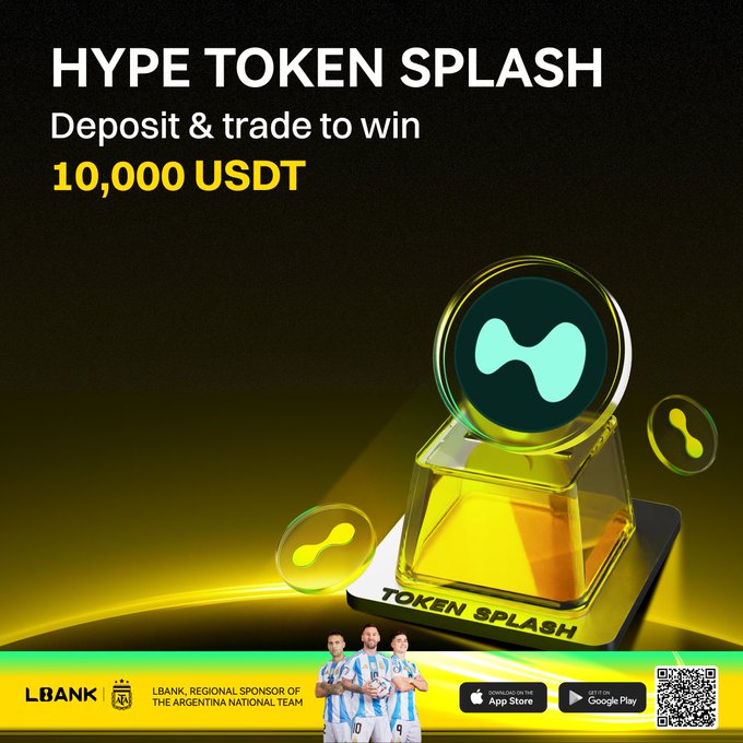 The image features a poster advertising an event called "HYPE token splash" at a bank, where people can deposit money or trade tokens to win a prize of $10,000 USDT. The poster includes three men standing next to each other in front of a trophy that is yellow and green with the word "TEN" written on it. There are also two smaller images of men on the poster, one near the bottom left corner and another at the top right corner.