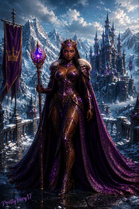 A regal dark sorceress queen in ornate purple and gold armor stands before a gothic ice castle, holding a glowing purple scepter beneath a crown-topped banner, embodying a posture of commanding judgment. The text "Prettyfavy17" appears in the bottom left corner, but the image's theme of sovereign authority ties loosely to the post's theme of exercising careful, informed judgment rather than rushing into a binary "yes or no" decision on Bitcoin.
