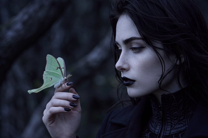 An artistic portrait shows a pale woman with dark hair and dark lipstick holding a luminous green moth against a dark forest background.