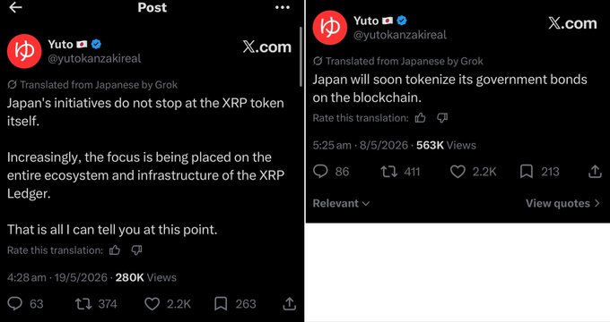 Two X.com posts from user Yuto (@yutokanzakireal) shown in a side-by-side comparison, both translated from Japanese. The left post (dated 19/5/2026, 280K views) discusses Japan's focus on the XRP Ledger ecosystem, while the right post (dated 8/5/2026, 563K views) announces Japan will tokenize its government bonds on the blockchain—supporting the claim that Yuto predicted this development before it happened.