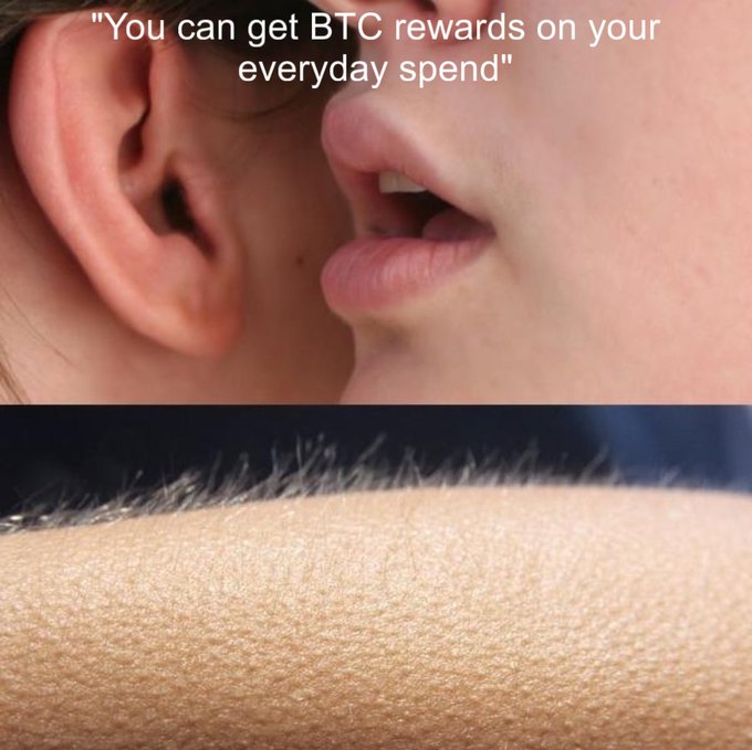 A meme with two stacked images: a close-up of a mouth whispering in an ear and an arm covered in goosebumps, with text 'You can get BTC rewards on your everyday spend'.