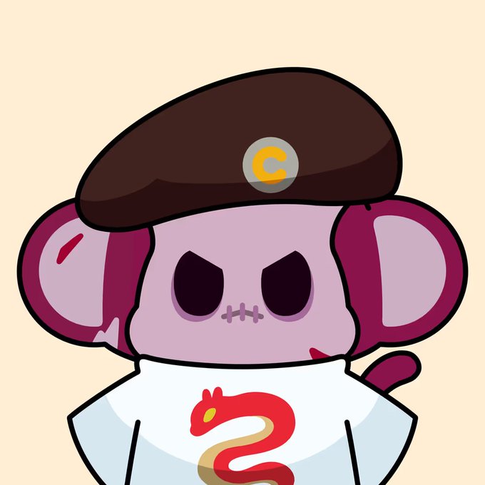 A cartoon purple chimp-like character wearing a brown beret with a "C" logo and a white shirt featuring a red snake design, with the "C" emblem referencing the Chimpers NFT brand mentioned in the post about going for a premium.