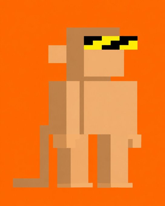 A pixel art illustration of a monkey-like character wearing yellow and black sunglasses against a solid orange background.