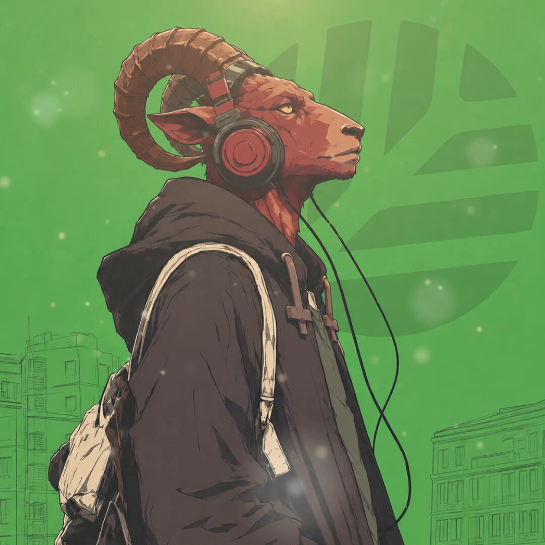 The image features an anthropomorphized goat wearing headphones and carrying a backpack while standing against a green background with buildings visible behind him. The caption reads, "owning assets on chain was never supposed to be the ceiling @CNPYNetwork gets that. with Canopy, you don'qe own the chain itself. if you help build it, you can actually own a piece of it. that's the shift most people are sleeping on."