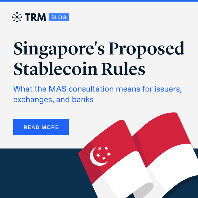 A blog post banner from TRM Blog titled 'Singapore's Proposed Stablecoin Rules' with subtitle about MAS consultation, featuring the Singapore flag and a 'READ MORE' button.