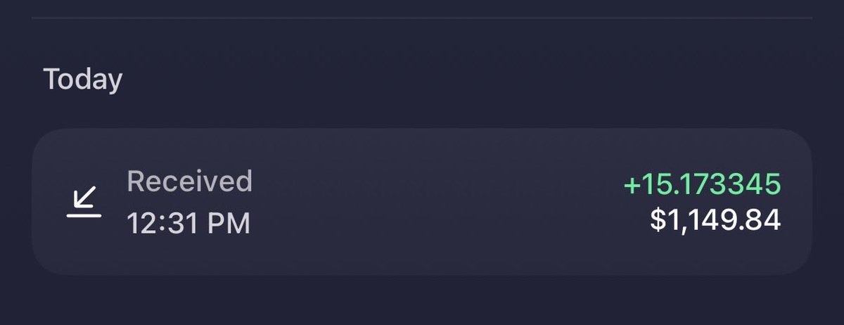 A screenshot of a crypto transaction history showing a "Received" deposit of **+15.173345 $SOL** (~$1,149.84) at 12:31 PM today. The image illustrates the poster's surprise at receiving 15+ SOL, far more than the $14 they initially guessed, supporting their excited reaction and call for people to drop their SOL addresses.