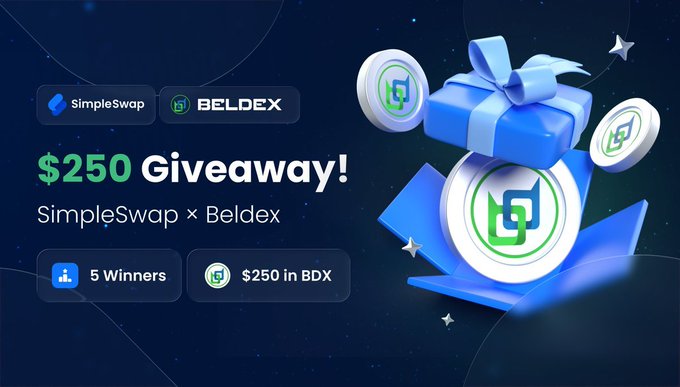 A promotional graphic for a '$250 Giveaway!' between SimpleSwap and Beldex, featuring 5 winners and $250 in BDX, with a blue gift box and coins illustrated on a starry background.