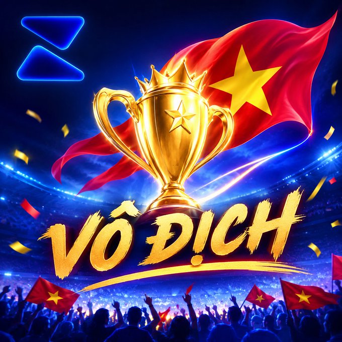 A vibrant promotional graphic features a golden trophy with a red star, a waving red flag with a yellow star, and the bold text 'VÔ ĐỊCH' above a cheering crowd.