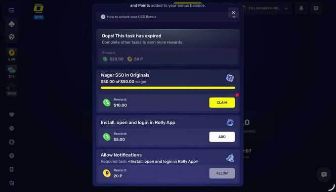 A screenshot of a rewards/tasks interface on a dark blue background showing 'Oops! This task has expired' with rewards of $20.00 and 50 P, alongside active tasks including 'Wager $50 in Originals' ($10.00 reward), 'Install, open and login in Rolly App' ($5.00 reward), and 'Allow Notifications' (20 P reward) with CLAIM, ADD, and ALLOW buttons.