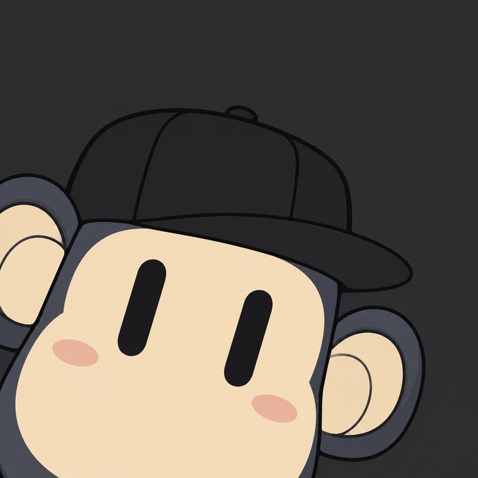 A cartoon illustration of a monkey character with a beige face, black eyes, pink cheeks, and a black baseball cap against a dark gray background.