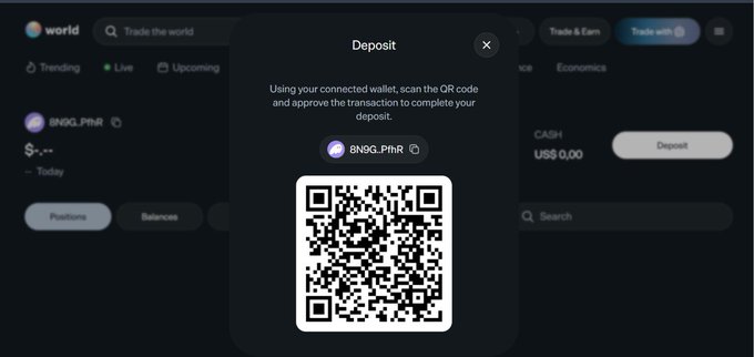 The image shows a "Deposit" modal on the World platform with a QR code for wallet transaction approval, displaying the address "8N9G...PHR" and instructions to scan the QR code with a connected wallet to complete the deposit. This relates to the post about the UI/UX changes allowing successful deposits, as the screenshot demonstrates the new, functional deposit interface that enabled the user to receive their $50 USDC back.