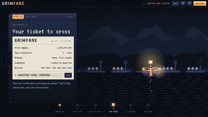 A screenshot of a dark-themed website for 'GRIMFARE' displaying ticket information for 'THE FARE' including total supply of 1,000,000,000, with pixel art graphics.