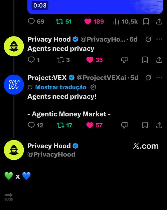 A screenshot of Twitter/X posts from 'Privacy Hood' (@PrivacyHood) and 'Project:VEX' (@ProjectVEXai) reading 'Agents need privacy' and 'Agents need privacy! - Agentic Money Market -'.
