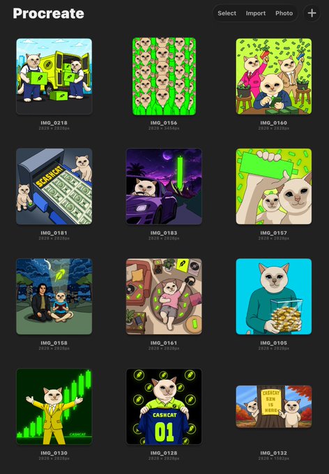 The image displays a Procreate gallery showcasing 12 illustrated $Cashcat meme artworks, each labeled with sequential IMG numbers (IMG_0128 through IMG_0183) and 2828x2828px dimensions. The cartoon cat character appears in various scenarios including holding money, in casinos, and performing with cash, representing part of a growing collection celebrating the $Cashcat token meme project.