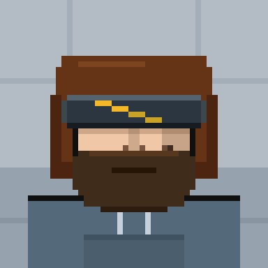 A pixel art character portrait showing a bearded man wearing a brown helmet with a yellow stripe visor and a blue uniform.