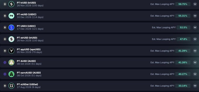 DeFi lending/yield platform dashboard showing various PT (Pendle Token) assets including PT rUSD (59.75% APY), PT reUSD (55.31%), PT USD3 (52.5%), PT strUSD (47.8%), PT apxUSD (41.29%), PT AUSD (41.26%), PT earnUSD (40.27%), and PT slisBN (33.14%) with their estimated max looping APY.