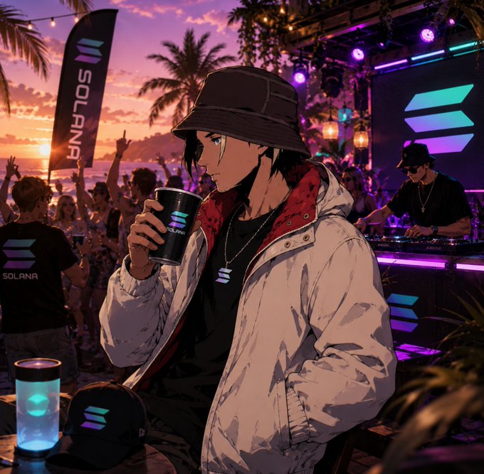 An anime-style illustration of a character in a bucket hat and white jacket holding a Solana-branded cup at a sunset beach party, with a Solana banner, palm trees, and a DJ booth in the background.
