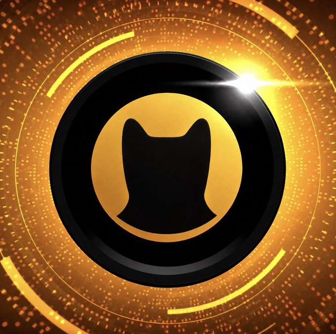 A digital graphic features a black cat-like silhouette centered within a golden circle, surrounded by a glowing orange ring with digital patterns and a bright lens flare.