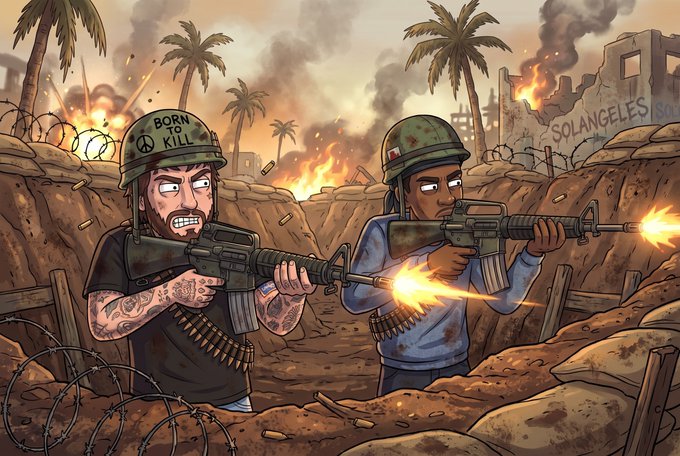 Two cartoon soldiers fire M16 rifles from a foxhole in a war-torn, palm-tree-lined battlefield, with one helmet reading "BORN TO KILL" and ruined buildings in the background displaying the graffiti "SOLANGELES." The militarized scene, titled "Solana Summer," riffs on the classic "Apocalypse Now" artwork—here reimagined as a satirical depiction of Solana enthusiasts defending their blockchain through a brutal, no-mercy "war."