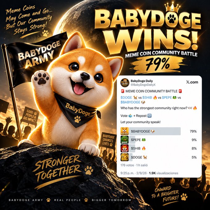 A promotional graphic titled 'BABYDOGE WINS! MEME COIN COMMUNITY BATTLE' showing a cartoon Shiba Inu holding a 'BABYDOGE ARMY' flag, with an embedded X/Twitter poll from @BabyDogeDaily where $BABYDOGE leads with 79% of 176 votes against $DOGE, $SHIB, and $PEPE.