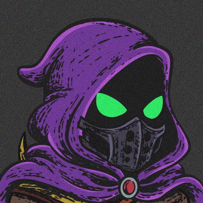An illustrated portrait of a hooded character in purple attire with glowing green eyes and a mask, which serves as promotional art for the $GOG token by @GuildGrime.