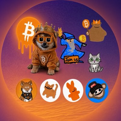 A circular collage featuring cryptocurrency memes, including a Shiba Inu dog dressed as a king with a Bitcoin, alongside various dog and cat-themed NFT characters.