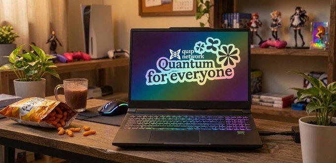 A gaming laptop on a cozy desk displays a colorful "quip network - Quantum for everyone" graphic, complementing the post's promotion of Quip Network's real-world quantum and GPU mining solutions for AI, logistics, and finance.