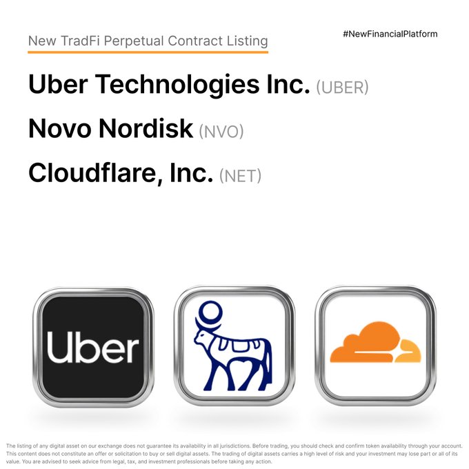 The image announces the listing of three new TradFi perpetual contracts—Uber Technologies Inc. (UBER), Novo Nordisk (NVO), and Cloudflare, Inc. (NET)—on Bybit, featuring their respective logos alongside trading links for UBERUSDT, NVOUSDT, and NETUSDT.
