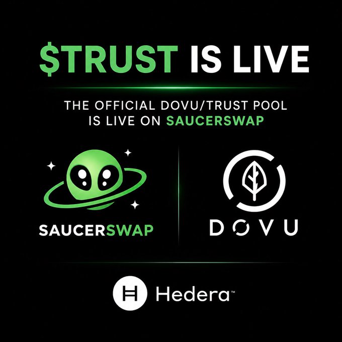 A promotional graphic announcing '$TRUST IS LIVE' featuring the SaucerSwap and DOVU logos, noting the official DOVU/TRUST pool is live on SaucerSwap, powered by Hedera.